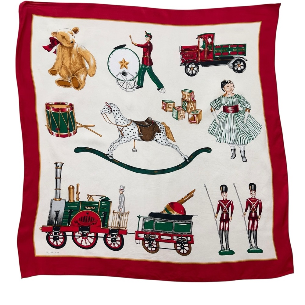 Vintage Echo Silk Scarf Christmas Toys Train Teddy Bear Rocking Horse Red Border - Picture 2 of 13